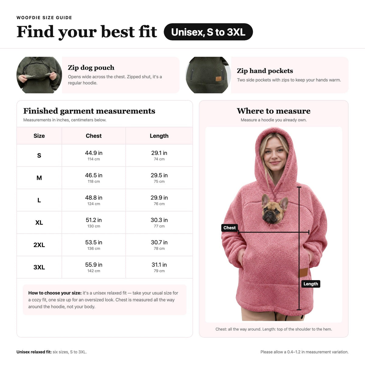 Woofdie size guide: find your best fit, unisex, S to 3XL, chest and length in inches