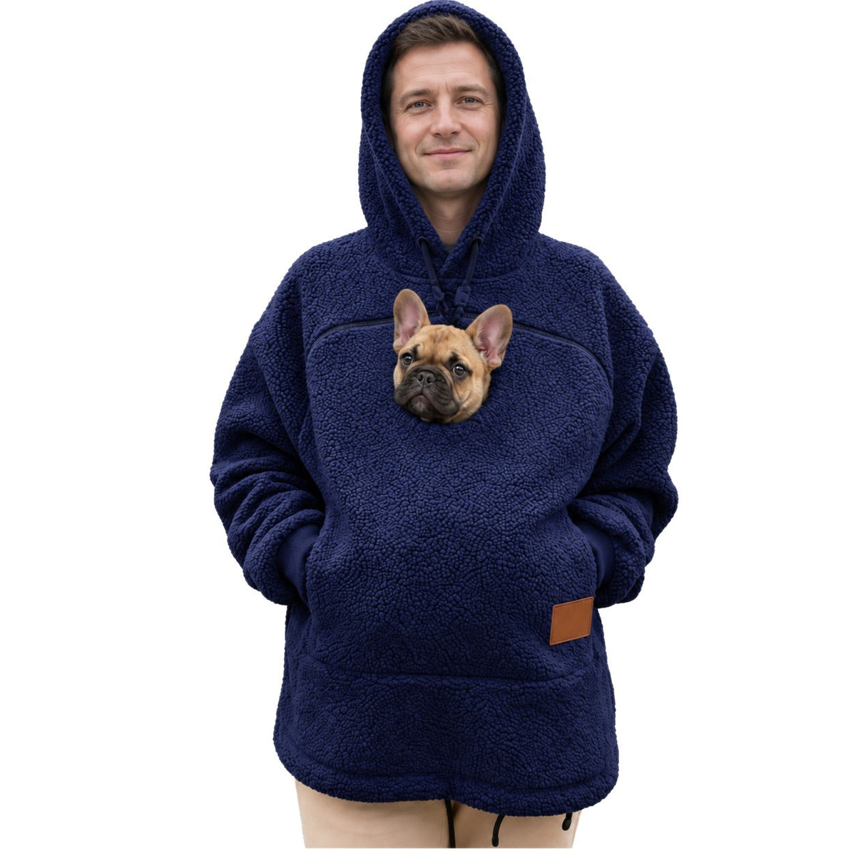 Woofdie dog pocket hoodie in Navy, French Bulldog puppy in the zip pouch