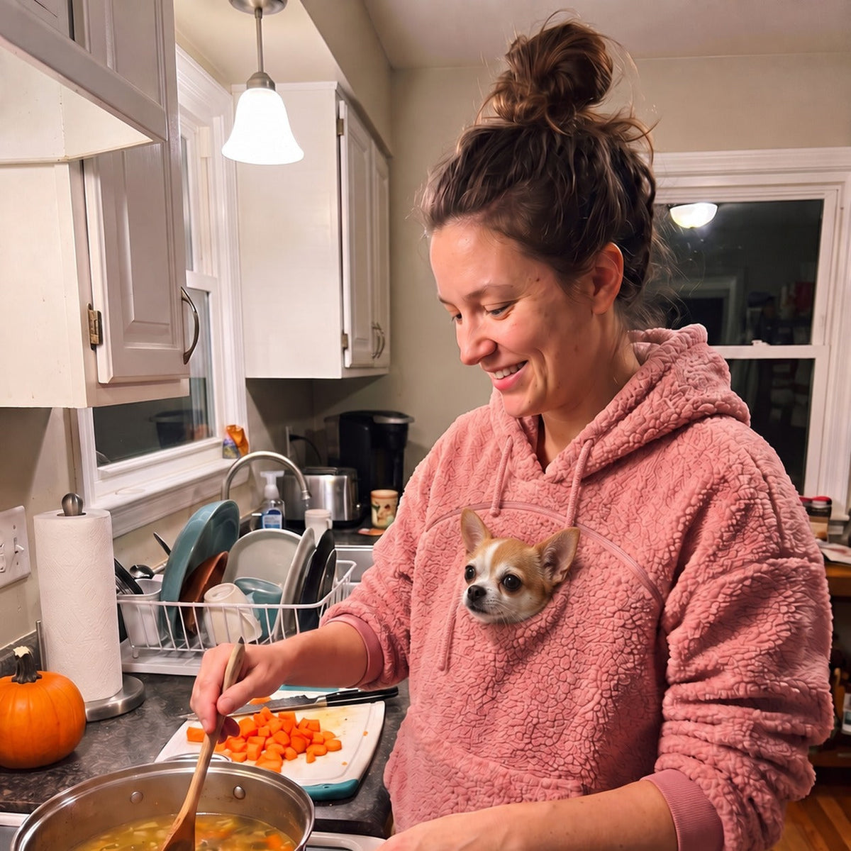 Cooking in the Woofdie in Pink, Chihuahua in the pouch