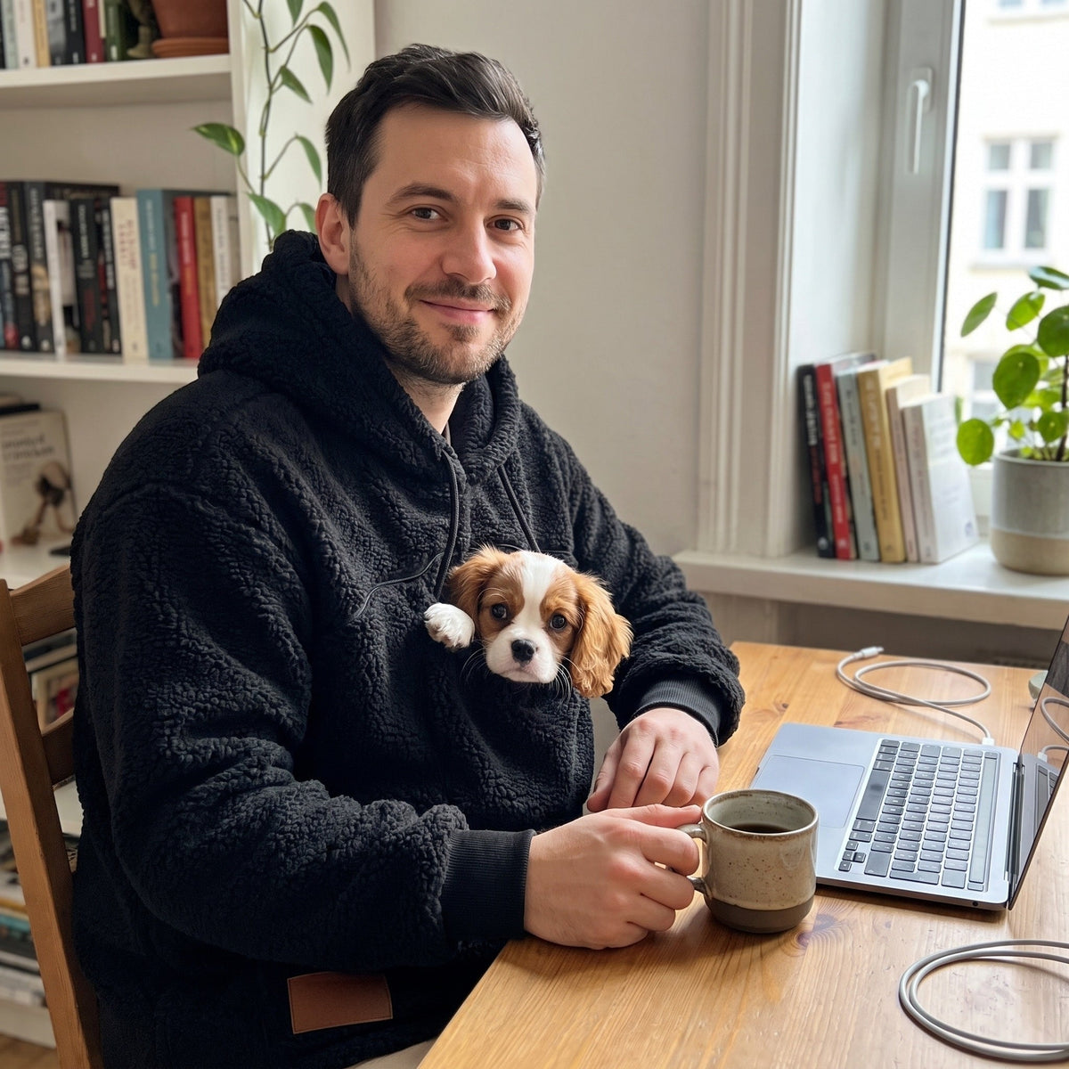 Working from home in the Woofdie in Black, Cavalier King Charles puppy in the pouch