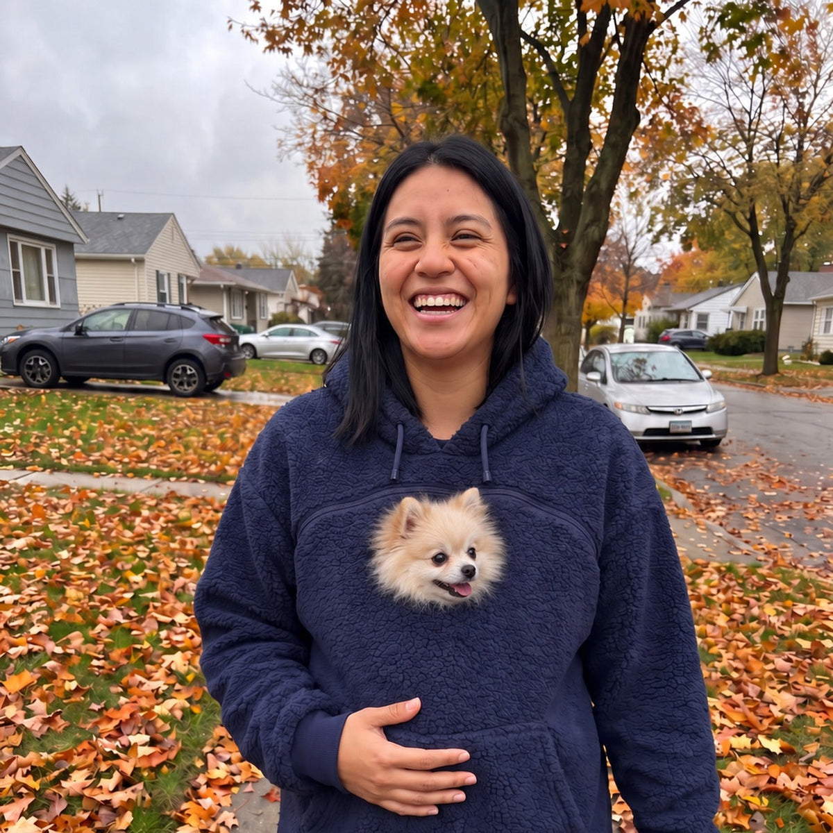 Fall walk in the Woofdie in Navy, Pomeranian peeking out of the pouch