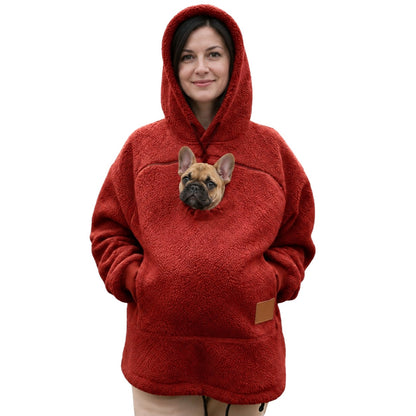 Woofdie dog pocket hoodie in Red, French Bulldog puppy in the zip pouch