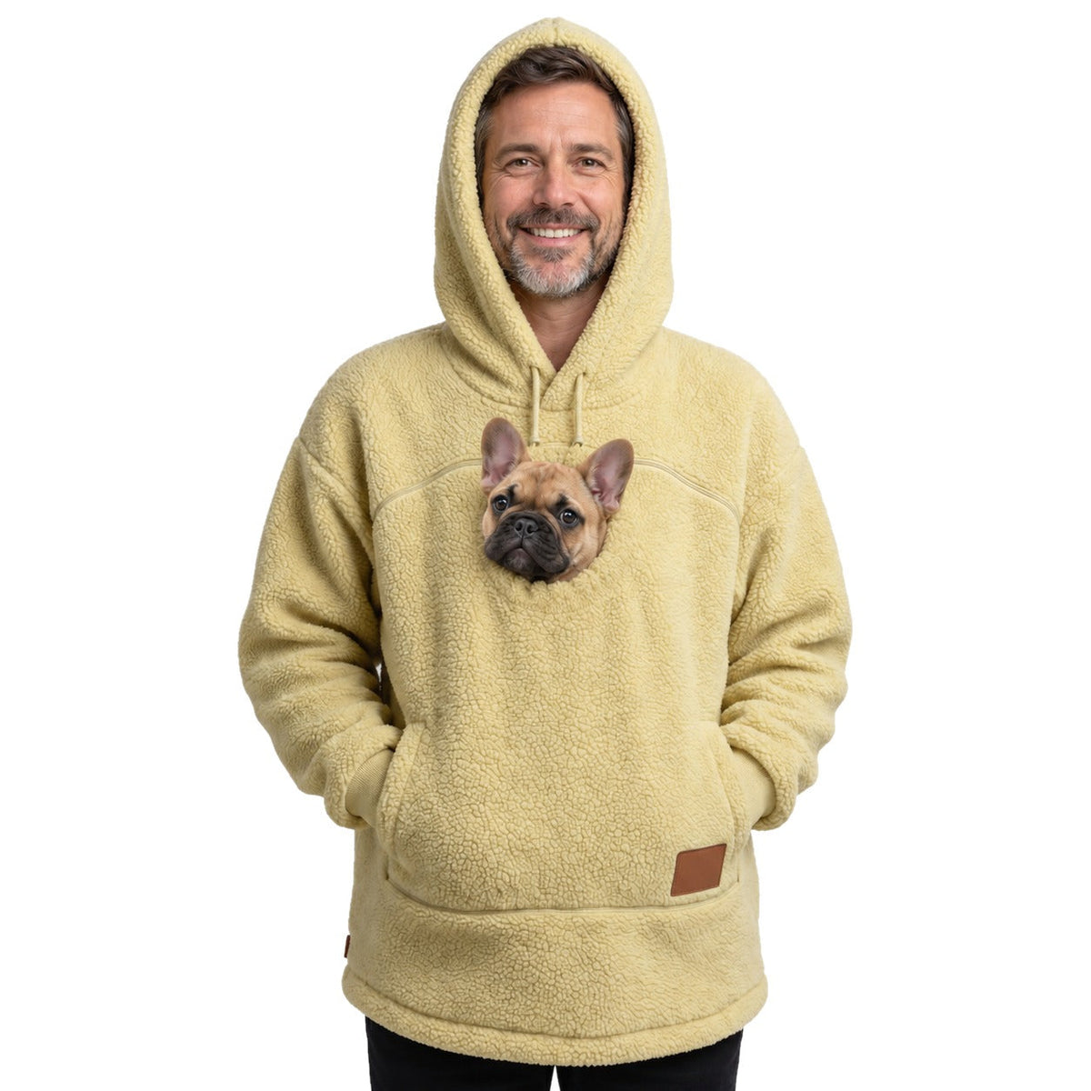 Woofdie dog pocket hoodie in Yellow, French Bulldog puppy in the zip pouch