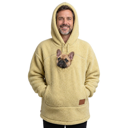 Woofdie dog pocket hoodie in Yellow, French Bulldog puppy in the zip pouch