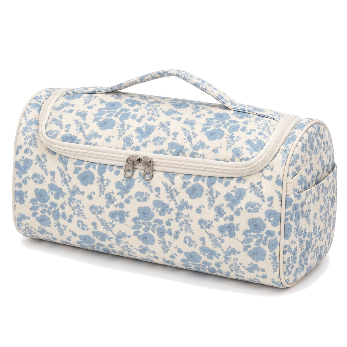 Wrappy quilted hair tool bag in Blue Floral, closed, on white