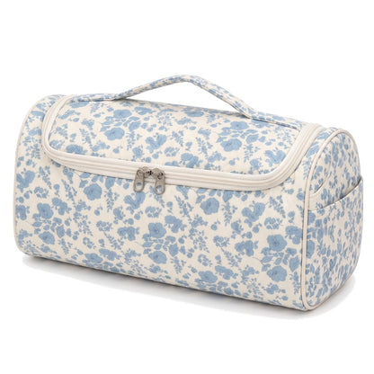 Wrappy quilted hair tool bag in Blue Floral, closed, on white