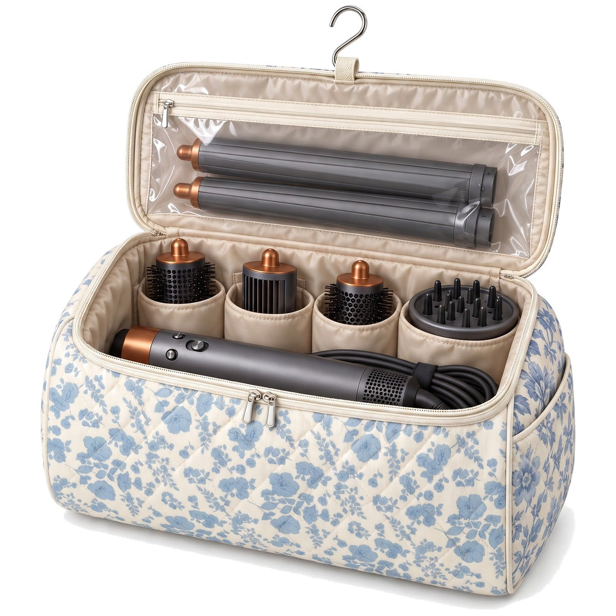 Wrappy bag open with an Airwrap styler, cord and six attachments packed inside