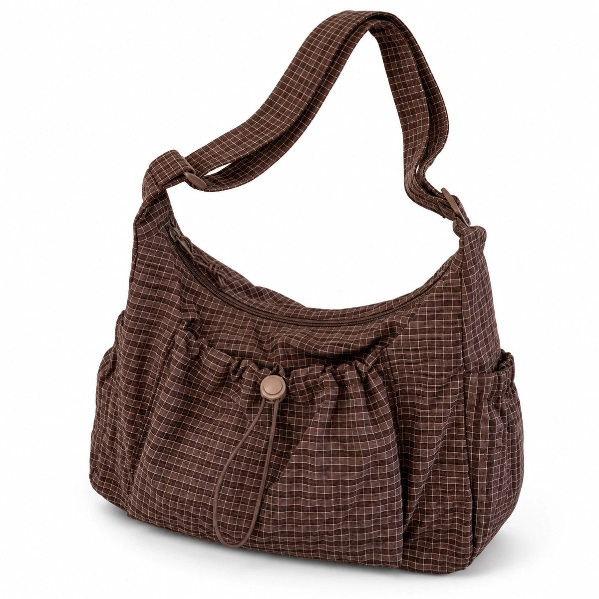 Zippy brown plaid, three-quarter view